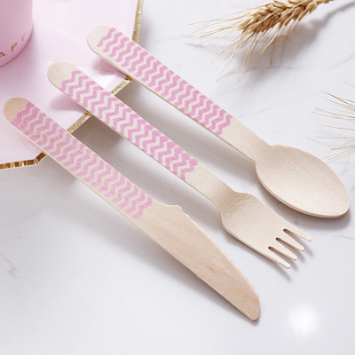 160mm Dinner Cake Pink Wooden Cutlery Utensils For Celebration