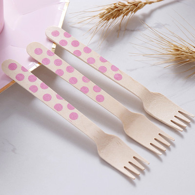 Biodegradable Didposable 160mm Wooden Cutlery Utensil Dot Baby Pink Spoon