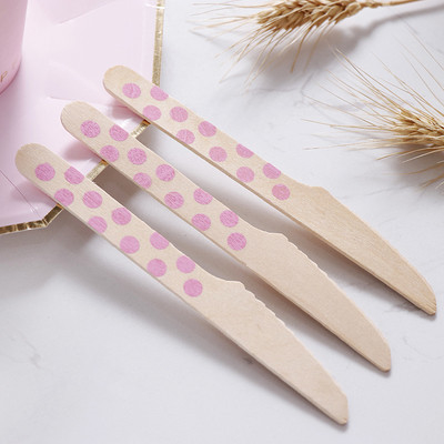 Biodegradable Didposable 160mm Wooden Cutlery Utensil Dot Baby Pink Spoon