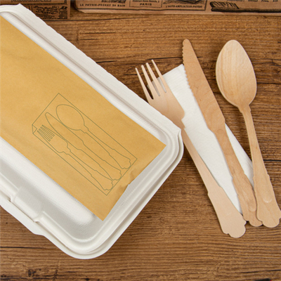 200 Mm Disposable Biodegradable Wooden Knife Fork Spoon Napkin Wrapped Kraft Paper Individual Package